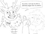 antlers big_nose duo fangs female fluffy handpaw horn inner_ear_fluff male neutral_expression paws smile teeth text tuft rgb_(artist) humanoid troll_(mythology) english_text hi_res meme monochrome sketch sibling_(lore) twins_(lore)