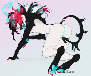 all_fours anthro anus black_body black_fur bodily_fluids butt female female_anthro fur genital_fluids genitals gradient_background grey_background masturbation multicolored_body nude nude_anthro nude_female open_mouth paws pink_background pink_body pink_fur rubbing_vulva simple_background solo spade_tail tail tail_fetish tail_on_pussy tail_play tongue tongue_out vaginal_fluids vulva white_body faedread mythology canid canid_demon canine demon hellhound mammal mythological_canine mythological_creature veilhound 2021