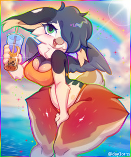 anthro big_breasts breasts female huge_hips huge_thighs non-mammal_breasts rainbow sea solo thick_thighs thighs_together water wide_hips day1or inno-sjoa_(character) avian bird teacup_gryphon 5:6 absurd_res hi_res