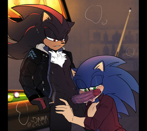 anthro balls bedroom_eyes billiard_cue billiard_table blush bodily_fluids bottomless cigarette clothed clothing duo fluffy fluffy_chest furniture genital_fluids genitals hand_on_leg holding_cigarette holding_object jacket jacket_only kneeling_oral_position licking male male/male narrowed_eyes navel open_clothing open_jacket open_shirt open_topwear oral penile penis penis_lick precum saliva saliva_on_penis seductive sex shirt smile sweat table tongue topwear topwear_only unusual_anatomy unusual_genitalia unusual_penis vein veiny_penis toodamncycle sega sonic_the_hedgehog_(series) shadow_the_hedgehog sonic_the_hedgehog eulipotyphlan hedgehog mammal absurd_res hi_res