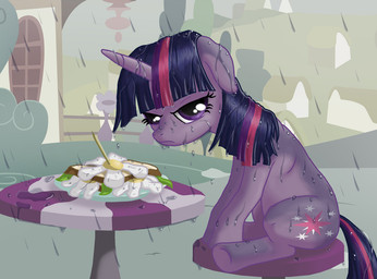 angry annoyed bread building cutie_mark daisy_(flower) depression female feral flower food fur furniture hair horn house multicolored_hair outside plant plate purple_body purple_eyes purple_fur purple_hair quadruped raining sandwich_(food) sitting solo table tail two_tone_hair water wet wet_hair starbat friendship_is_magic hasbro my_little_pony mythology twilight_sparkle_(mlp) equid equine mammal mythological_creature mythological_equine unicorn 2012