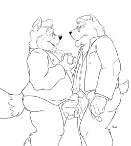 anthro balls clothed clothing duo erection eyewear genitals glasses humanoid_genitalia humanoid_hands humanoid_penis male male/male overweight overweight_male penis simple_background white_background bravo badger canid canine mammal mustelid musteline raccoon_dog tanuki 2015 monochrome