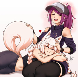 ahoge baseball_cap bottomwear braided_hair clothing duo eyes_closed female hair hand_on_tail happy hat headgear headwear heart_symbol inner_ear_fluff jacket legwear midriff on_lap pants petting pink_hair purple_hair smile tail thigh_highs tights topwear tuft yoga_pants airisubaka leah_(airisubaka) animal_humanoid canid canid_humanoid canine canine_humanoid fox_humanoid human humanoid mammal mammal_humanoid 2025 absurd_res hi_res