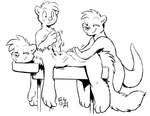 2023 anthro barefoot black_and_white casual_nudity feet fluffy fluffy_tail fur group group_nudity hair happy looking_at_another male mammal massage massage_table monochrome mustelid musteline nude paws rick_griffin signature simple_background smile social_nudity tail trio true_musteline weasel white_background