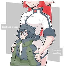 6_fingers anthro beanie bodily_fluids boob_hat border bottomless breasts claws clothed clothing duo eyewear female fingers fur glasses hair hat headgear headwear jacket long_hair male male/female multi_breast red_hair rolled_up_sleeves simple_background size_difference smile sweat text topwear whiskers white_border mardymuntjak voices_of_the_void argemia dr._kel alien alien_humanoid ariral felid feline human humanoid mammal 2026 artist_name digital_media_(artwork) english_text hi_res