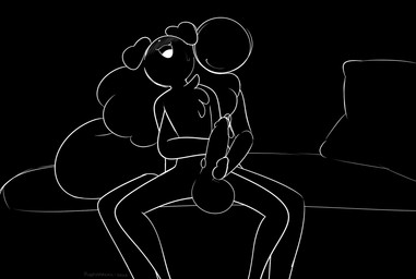 ambiguous_gender anthro balls bed big_balls big_penis blush bodily_fluids breath duo faceless_character femboy fluffy furniture genital_fluids genitals handjob handjob_from_behind hung_femboy looking_pleasured masturbation panting penile penis pillow precum rubbing_penis sex puppysnackz puppysnackz_(character) canid canine human mammal animated hi_res