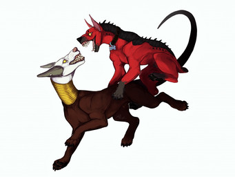 animal_genitalia black_collar black_pawpads brown_body brown_sheath collar duo ears_back empty_eyes fangs feral fight fully_sheathed genitals grey_ears long_neck male open_mouth pawpads pivoted_ears red_body red_sheath sheath side_view simple_background teeth white_background yellow_eyes riorix canid mammal 2016 4:3 dated signature