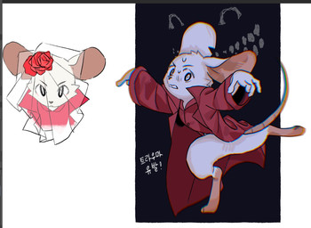 ambiguous_gender anthro big_ears black_eyes bodily_fluids clothing creepy_face dancing duo female longcoat pose red_clothing sweat sweatdrop topwear vest wedding_veil gptroh20040 mina_the_hollower yacht_club_games grinnsly_(mina_the_hollower) mina_(mina_the_hollower) mammal mouse murid murine rodent hi_res