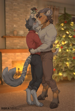 2_horns 2_tails 5_fingers anthro anthro_on_anthro apartment barefoot biped black_bottomwear black_clothing black_pants blurred_background blush bottomwear bovid_horn brown_body brown_fur brown_hair caprine_horn cheek_tuft christmas_decorations christmas_tree clothed clothed_anthro clothed_male clothing cloven_hooves countershade_face countershading curled_horn detailed_background dewclaw_hooves digitigrade duo eye_scar eyes_closed facial_scar facial_tuft feet fingerless_(marking) fingers fireplace fully_clothed fully_clothed_anthro fully_clothed_male fur grey_body grey_fur grey_hair hair hand_on_back holding_each_other holding_mistletoe holding_object holidays hooves horn hug hugging_another humanoid_hands inside interspecies kiss_on_lips kissing kissing_under_mistletoe larger_male long_tail male male/male male_anthro markings mistletoe multi_tail multicolored_body multicolored_fur muscular muscular_anthro muscular_male orange_body orange_fur pants plant ram_horn red_clothing red_sweater red_topwear romantic romantic_couple scar short_hair short_tail shy side_view size_difference smaller_male snout standing striped_markings striped_tail stripes sweater tail tail_markings text toeless_(marking) toes topwear tree tuft two_tone_body two_tone_fur unguligrade white_body white_clothing white_fur white_sweater white_topwear conditional_dnp riska_(artist) christmas baal_(d3sol4te_proph3t) saino_(character) bovid caprine domestic_cat felid feline felis mammal sheep 2026 artist_name colored digital_media_(artwork) english_text full-length_portrait hi_res portrait shaded url