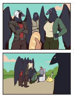 anthro back_wings beak beak_closed belt_buckle black_body black_clothing black_feathers black_jacket black_topwear black_wings blue_bottomwear blue_clothing blue_pants blue_shirt blue_sky blue_topwear border bottomwear bread brown_bottomwear brown_clothing brown_pants buckle chair clothed clothed_anthro clothed_female clothed_human clothed_male clothing cloud crossed_arms crossed_legs day empty_eyes feathered_wings feathers female food front_view fully_clothed fully_clothed_anthro fully_clothed_female fully_clothed_human fully_clothed_male furniture furrowed_eyebrows green_bottomwear green_clothing green_jacket green_pants green_topwear group hair hand_on_hip hand_on_own_hip holding_bread holding_food holding_object jacket kneeling male melee_weapon monotone_body monotone_feathers mouth_closed on_chair open_clothing open_jacket open_topwear outside pants pile_of_gold pose rear_view red_clothing red_shirt red_topwear shirt silhouette sitting sitting_on_chair sitting_on_throne sky standing surprised sword tan_clothing tan_shirt tan_topwear throne topwear weapon white_border white_hair wide_eyed wings bonnymama7 jojo's_bizarre_adventure avian bird corvid corvus_(genus) crow human mammal oscine passerine 2026 absurd_res comic digital_drawing_(artwork) digital_media_(artwork) full-length_portrait hi_res one_page_comic portrait three-quarter_portrait