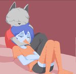 anthro beak blue_hair bottomwear clothing covered_eyes cuddling duo eyes_closed fur grey_body grey_bottomwear grey_clothing grey_fur grey_hair grey_pants grey_shorts hair lying male male/male orange_clothing orange_shirt orange_topwear pants red_clothing red_shirt red_topwear shirt shorts simple_background sitting smile topwear uglycoal a_whole_wolfrush bird_(wolfrush) rush_(a_whole_wolfrush) avian bird canid canine canis mammal wolf aliasing binary_drawing digital_drawing_(artwork) digital_media_(artwork)