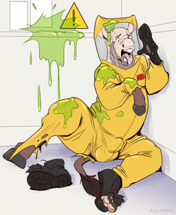 bulge clothing feral hazmat_suit human_to_feral male solo species_transformation torn_clothing transformation azeldraws asinus donkey equid equine mammal hi_res