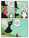 ambiguous_gender anthro black_clothing black_robe bodily_fluids breasts cleavage clothed clothing dialogue female freckled_face freckles fully_clothed fur green_body green_skin group hair hat headgear headwear human_to_anthro magic_user pointy_nose red_hair robe species_transformation text transformation trio white_body white_fur white_hair witch witch_hat bonnymama7 elphaba_(bonnymama7) liria_the_werewolf_saint canid canine canis human humanoid mammal mind_flayer wolf absurd_res comic english_text hi_res