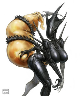 anthro arched_back bent_over big_breasts black_body breasts butt egg female leaning leaning_forward long_tail ovipositor roots sharp_tail spikes spikes_(anatomy) standing tail kory_cromie alien_(franchise) alien xenomorph xenomorph_queen 5:6 hi_res signature