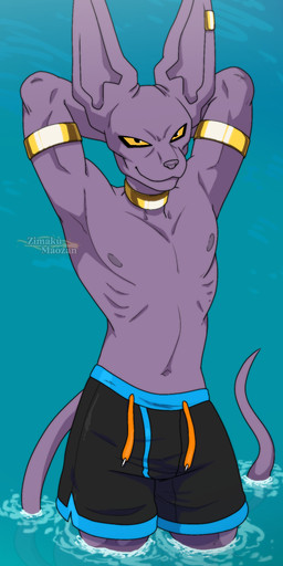 anthro areola armlet clothing gold_(metal) gold_jewelry hands_behind_head jewelry male navel neck_ring nipples purple_body smile solo swimming_trunks swimwear tail tear_trough water yellow_eyes zimakum dragon_ball dragon_ball_super beerus felid feline mammal absurd_res hi_res