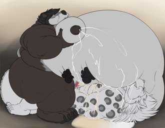 anal anal_penetration anthro bodily_fluids duo genitals hyper lactating male male/male penetration penis galvinwolf kaleaon canid canine canis felid lion mammal pantherine wolf