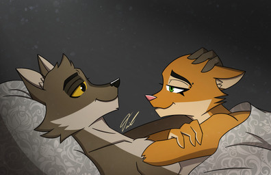 anthro bed boyfriend/girlfriend canon_couple crossed_arms duo eyebrow_piercing facial_piercing female fur furniture grey_body grey_fur hand_on_head laying_on_partner looking_at_another looking_at_partner lying male male/female on_back on_front orange_body orange_fur piercing smile smiling_at_another smiling_at_partner under_covers the_real_mr._big_d_98 dreamworks the_bad_guys diane_foxington mr._wolf_(the_bad_guys) canid canine canis fox mammal wolf hi_res