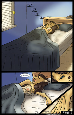 anthro bed blue_eyes book brown_hair eyewear female furniture glasses hair note sleeping solo text tongue tongue_out window silverfishnsfw_(artist) canid canine canis domestic_dog mammal absurd_res comic hi_res