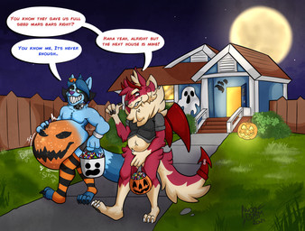 anthro belly big_belly blue_body bodily_noises candy clothing color_coded color_coded_text costume dessert dialogue different_sound_effects duo food fruit full_moon fully_inside fur hair holidays jack-o'-lantern legwear linked_speech_bubble male moon neck_tuft night onomatopoeia oral_vore overweight plant pumpkin red_body rumbling_stomach slightly_chubby slorsh smile sound_effect_variant sound_effects speech_bubble stockings talking_to_another teeth text tuft vore vowelless vowelless_sound_effect awoogasm halloween vox_(awoogasm) canid canine canis ghost mammal procyonid raccoon spirit wolf absurd_res digital_media_(artwork) english_text hi_res