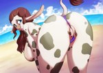 anthro anus beach bent_over biped blue_hair brown_hair female genitals hair horizon looking_back open_mouth outside overweight public pussy pussy_floss rear_view sea seaside solo water aizawasilk eleanor_(tophale) bovid bovine cattle holstein_friesian_cattle mammal 2018