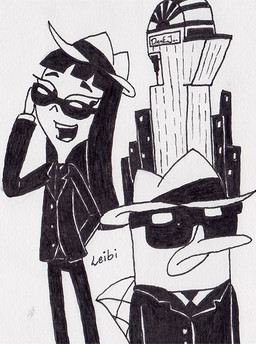 beak black_clothing black_hair black_necktie black_suit clothing doofenshmirtz_evil_inc duo eyewear fedora female hair hat headgear headwear long_hair male necktie suit sunglasses leibi97 disney phineas_and_ferb perry_the_platypus stacy_hirano human mammal monotreme platypus 2014 traditional_media_(artwork)