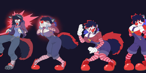 anthro big_breasts black_hair blush breast_growth breasts clothing clown clown_nose clownification color_change female footwear fur gender_transformation gloves glowing growth hair hand_on_breast handwear jacket legwear male mtf_transformation overalls pattern_clothing paws shoes solo stockings striped_body striped_clothing striped_fur stripes surprised topwear transformation transformation_sequence transformation_through_magic wide_hips atcpony zeydaan canid canine canis mammal wolf hi_res