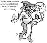 anthro carrying_another clothed clothing dialogue diaper diaper_only duo feces female full_diaper hat headgear headwear magic_user male scatplay soiled soiled_diaper soiling sucking text thumb_suck topless unclean_diaper used_diaper witch witch_hat poofy_dragon etch_(poofy_dragon) mira_(poofy_dragon) demon domestic_cat felid feline felis mammal scalie english_text monochrome sketch