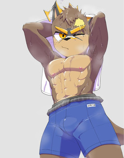 abs adolescent anthro armpit_hair bodily_fluids body_hair bulge clothed clothing male muscular muscular_male muscular_young musk one_eye_closed pecs scar solo sweat topless young sakai_(artist) taisei_yotsukado canid canine canis mammal wolf