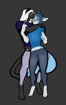 4_toes 5_fingers anthro blue_eyes blue_hair clothed clothing duo feet fingers grey_background hair male simple_background smile toes ni70 artyom_derison canid canine felid mammal pantherine 2020 digital_media_(artwork)