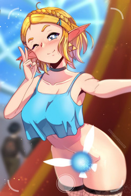 blonde_hair blue_eyes blush bottomless breasts clothed clothing convenient_censorship duo female fishnet_clothing fishnet_legwear gesture hair hand_gesture humanoid_pointy_ears legwear light_body light_skin looking_at_viewer not_furry one_eye_closed pointy_ears pose selfie smile text v_sign wings wink winking_at_viewer kagato007 breath_of_the_wild nintendo ocarina_of_time the_legend_of_zelda navi princess_zelda fairy humanoid hylian 2023 2:3 hi_res url