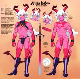 abs anthro athletic athletic_anthro athletic_male boots bulge clothing erection flaccid footwear foreskin genitals gold_(metal) gold_jewelry greatsword hair high_boots horn jewelry long_hair male melee_weapon nails penis pointy_ears red_body red_eyes red_skin retracted_foreskin sharp_nails shoes solo spade_tail sword tail text underwear weapon white_hair yellow_sclera naughtyjester demon demon_humanoid humanoid 2025 english_text hi_res model_sheet