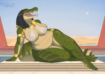 anthro bracelet breasts claws clothing egyptian egyptian_clothing female hair jewelry overweight pose scales solo tail teeth darkni_art egyptian_mythology middle_eastern_mythology mythology sobek crocodile crocodilian reptile scalie gold 2026 digital_drawing_(artwork) digital_media_(artwork) hi_res pinup