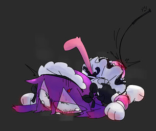 anthro black_clothing black_dress bodily_fluids butt_slap cat_tail clothed clothed_anthro clothing dress female fully_clothed fully_clothed_anthro grey_background hair lying maid_uniform on_front purple_ears purple_hair raised_tail simple_background slap solo spanked_butt spanking tail tears uniform bravobunny bravo_(bravobunny) lagomorph leporid mammal rabbit full-length_portrait portrait