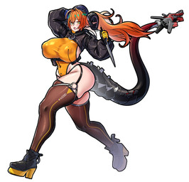 ahoge big_breasts black_clothing black_footwear black_horn black_jacket black_shoes black_tail black_topwear blue_clothing blue_hat blue_headwear breasts clothing cropped_jacket curled_horn duo eyebrows female footwear glistening glistening_body glistening_clothing glistening_jacket glistening_leotard glistening_skin glistening_topwear gloves gradient_tail green_eyes hair hand_behind_head handwear hat headgear headwear high_heels holding_knife holding_object hood hood_down horn huge_breasts humanoid_pointy_ears jacket knife leotard long_ears long_hair navel_outline nipple_outline not_furry open_mouth orange_hair orange_pupils pointy_ears ponytail pupils raised_inner_eyebrows red_tail running shoes side_boob simple_background skindentation tail thick_tail thick_thighs topwear white_background wide_hips worried yellow_clothing yellow_gloves yellow_handwear yellow_leotard mold_(pixiv6616319) mihoyo zenless_zone_zero magus_(zenless_zone_zero) orphie_magnusson chimera chimera_humanoid horned_humanoid humanoid tailed_humanoid 2026 3d_(artwork) absurd_res digital_drawing_(artwork) digital_media_(artwork) full-length_portrait hi_res mixed_media portrait