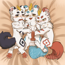 animal_genitalia animal_penis anus balls black_tail blue_tail blush canine_genitalia canine_penis erection feral fur genitals group knot knotted_penis male male/male open_mouth penis red_tail round_ears tail teeth tongue tongue_out trio white_body white_fur kaoshenmea fabulous_beasts bixie_(fabulous_beasts) qishiqi_(fabulous_beasts) tianlu_(fabulous_beasts) 1:1 hi_res brother_(lore) brothers_(lore) incest_(lore) sibling_(lore)
