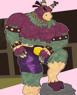 4_fingers abs abstract_background anthro arm_tuft armband armlet black_eyebrows black_eyes black_outline bottomwear bracelet broad_shoulders cheek_tuft clothing convenient_censorship eyebrows facial_markings facial_piercing facial_tuft finger_markings fingers fur furrowed_eyebrows gold_ring green_body green_fur green_outline grey_outline head_markings hooves humanoid_hands jewelry leaning leaning_forward leg_tuft looking_at_viewer male markings mostly_onscreen multicolored_body multicolored_fur multicolored_outline muscular muscular_male muzzle_(marking) necklace neutral_expression nose_piercing nose_ring outline pecs piercing pinata pink_background pink_body pink_fur pink_outline pointy_ears purple_bottomwear purple_clothing purple_outline purple_shorts ring_piercing rock shorts simple_background solo spiked_armband spiked_bracelet spikes standing thick_eyebrows thick_thighs three-quarter_view tuft unsigned white_sclera wrestling_belt yellow_body yellow_fur yellow_outline cronolm meleeniacs roblox the_axolotl_sun diablo_(meleeniacs) animate_inanimate living_pinata robot_anthro 2025 digital_media_(artwork) hi_res line_art
