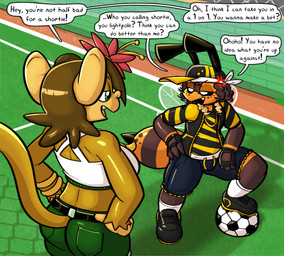 antennae_(anatomy) anthro ball baseball_cap black_antennae black_bottomwear black_clothing black_footwear black_gloves black_handwear black_hat black_headwear black_jacket black_sclera black_shirt black_shoes black_shorts black_topwear bottomwear brown_body brown_exoskeleton brown_fur brown_hair clothed clothing crop_top cross-popping_vein curly_hair cute_fangs dialogue duo exoskeleton eye_contact fangs female fingerless_gloves footwear fur gloves green_bottomwear green_clothing green_shorts hair hand_on_hip handwear hat headgear headkerchief headwear jacket kerchief larger_anthro larger_female looking_at_another male open_clothing open_jacket open_topwear orange_body orange_exoskeleton outside pattern_clothing pattern_shirt pattern_topwear pose shirt shoes shorts size_difference smaller_anthro smaller_male smile smirk soccer_ball speech_bubble striped_clothing striped_shirt striped_topwear stripes tan_body tan_fur teeth text topwear white_clothing white_crop_top white_eyes white_headkerchief white_kerchief white_topwear yellow_clothing yellow_footwear yellow_hat yellow_headwear yellow_jacket_(clothing) yellow_shirt yellow_shoes yellow_topwear felino lana_banana_(felino) quindim_(felino) arthropod bee haplorhine hymenopteran insect mammal monkey primate 2026 english_text hi_res