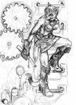 adventurer alternative_fashion anthro female machine solo steampunk tail amber_hill domestic_cat felid feline felis mammal monochrome sketch