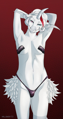 anthro arms_above_head asymmetrical_hair asymmetrical_horns black_clothing black_underwear blue_pupils breast_tape breasts clothing curled_horn eyebrow_piercing eyebrows facial_piercing fangs female grin hair hands_behind_head heterochromia hexagon horn latex leg_markings lingerie looking_at_viewer machine markings metal_teeth navel navel_piercing piercing pupils raised_arms red_eyes scales simple_background slit_pupils smile socks_(marking) solo teeth thigh_up underwear white_body white_hair hallowgen 06222_(hallowgen) android drude reptile robot scalie 135:256 2023 digital_media_(artwork) hi_res shaded signature trans_(lore)