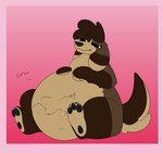 abdominal_bulge after_vore anthro belly belly_on_ground belly_squish big_belly black_pawpads border female floppy_ears fur hair long_ears onomatopoeia pawpads paws pink_border simple_background small_tail solo sound_effects squish struggling struggling_prey tail text vore tapiocadraws browniebatter bird_dog canid canine canis cavalier_king_charles_spaniel domestic_dog hunting_dog mammal spaniel toy_dog digital_media_(artwork) english_text hi_res