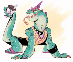 all_fours anthro beverage black_bottomwear black_clothing black_eyes black_pants bodily_fluids bottomwear bubble_tea casual_clothing clothed clothing collar container cup drooling eyewear facial_piercing footwear forked_tongue glasses green_body green_scales head_spikes holding_container holding_cup holding_object long_neck long_tongue male mouth_piercing multicolored_claws neck_piercing nose_piercing nose_ring open_mouth pants piercing pink_eyewear pink_glasses prehensile_tail purple_spikes ring_piercing saliva saliva_string sandals scales sharp_teeth shoes simple_background sleeveless_shirt solo spikes spikes_(anatomy) sunglasses tail tail_hold tail_holding_object teeth text thick_neck tongue tongue_out tongue_piercing wristband yellow_sclera hijen goat_(movie) sony_corporation sony_pictures modo_olachenko komodo_dragon lizard monitor_lizard reptile scalie artist_name digital_media_(artwork) hi_res