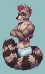 anthro biped boxers_(clothing) clothed clothing fur hair looking_at_viewer male markings paint side_view solo spray_paint standing striped_markings striped_tail stripes tail tail_markings topless underwear smidgefish max_raccoonism mammal procyonid raccoon digital_media_(artwork) pixel_(artwork)