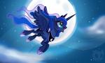 2015 blue_body blue_eyes blue_feathers blue_hair cloud crown cutie_mark equid equine feathered_wings feathers female feral flying friendship_is_magic hair hasbro headgear horn jewelry mammal moon my_little_pony mythological_creature mythological_equine mythology necklace night outside princess_luna_(mlp) solo star wicklesmack winged_unicorn wings