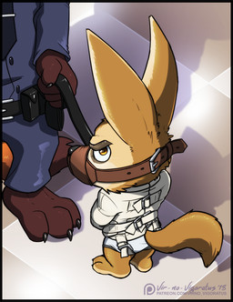 angry anthro barefoot belt belt_buckle black_necktie blue_bottomwear blue_clothing blue_dress_shirt blue_pants blue_shirt blue_topwear bottomwear briefs brown_body brown_fur buckle butt claws clothing duo feet floor fur gag holster inside leash male necktie orange_body orange_fur pants restraints shadow shirt straitjacket tan_body tan_fur tighty_whities tile tile_floor topwear underwear white_briefs white_clothing white_straitjacket white_underwear yellow_eyes vir-no-vigoratus disney zootopia finnick_(zootopia) nick_wilde canid canine fennec_fox fox mammal red_fox true_fox 2018