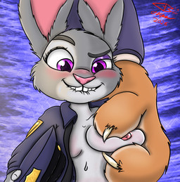 ambiguous_gender anthro aroused bite biting_lip breast_grab breasts clothed clothing duo female female/ambiguous female_anthro female_focus grope hand_on_breast open_clothing open_shirt open_topwear police police_uniform purple_eyes shirt size_difference solo_focus topwear uniform coldbrewfuz disney zootopia judy_hopps leodore_lionheart felid lagomorph leporid lion mammal pantherine rabbit