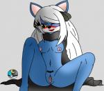 anthro areola blue_body blue_fur blush clitoris cosplay female fur genitals grey_background hair long_hair looking_at_viewer moon_ball nipples nude one_eye_closed open_mouth pokeball pokemon_champion pussy simple_background smile solo spread_legs spreading white_hair wink yellow_eyes master_hellhound nintendo pokemon cynthia_(pokemon) luna_takeishi pokemon_trainer canid canine mammal absurd_res hi_res