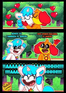angry anthro female group heart_symbol horn kiss_on_lips kissing love male orange_body text trio white_body rocketlennon mob_entertainment mythology nightmare_critters poppy_playtime smiling_critters baba_chops_(poppy_playtime) craftycorn dogday_(poppy_playtime) bovid canid canine canis caprine domestic_dog equid equine mammal mythological_creature mythological_equine sheep unicorn absurd_res comic hi_res spanish_text