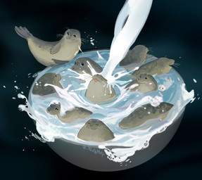 :3 ambiguous_feral ambiguous_gender black_eyes blep bowl container feral flippers food group in_bowl micro milk overflow simple_background smile splash swimming tongue tongue_out whiskers young young_feral notamato aquatic mammal pinniped seal 2025 hi_res