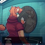 anthro bathroom biped bottomwear clothed clothing detailed_background duo femboy fur gameplay_mechanics hair male mirror reflection sad scary shirt solo text thinking thoughtful_expression tired topwear nagifur nagi_(nagifur) felid mammal color_contrast digital_media_(artwork) english_text