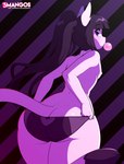 2018 anthro bangs bent_over big_butt black_hair blowing_bubble_gum blue_eyes breasts bubble bubble_gum butt butt_pose candy chromapan clothed clothing dessert digital_media_(artwork) dipstick_tail dressing felid female flat_chested food fur gum hair hi_res inflating long_hair looking_at_viewer looking_back low-angle_view male_(lore) mammal markings mercy_(suelix) multicolored_tail nipples panties ponytail portrait pose rear_view restricted_palette shaded side_boob simple_background skindentation small_breasts solo straight_hair tail tail_markings thick_thighs three-quarter_portrait topless underwear white_body white_fur wide_hips